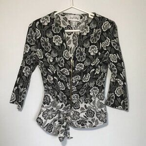 Joseph Ribkoff Womens Jacket Sz 8 Black White Floral 3\4 Sleeve Zip Closure